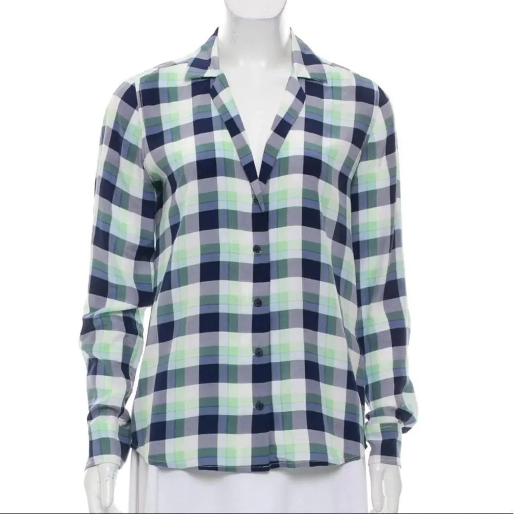 EQUIPMENT Silk Plaid Print Button-Up Top